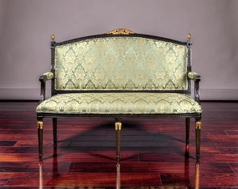 Vintage Louis XVI Style Settee in Green Damask Upholstery