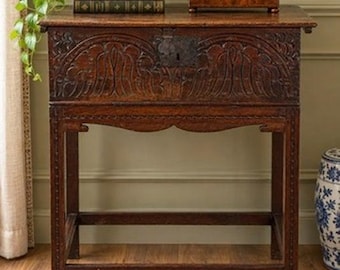 English Jacobean Carved Oak Bible Box on Later Stand, c. Late 17th Century