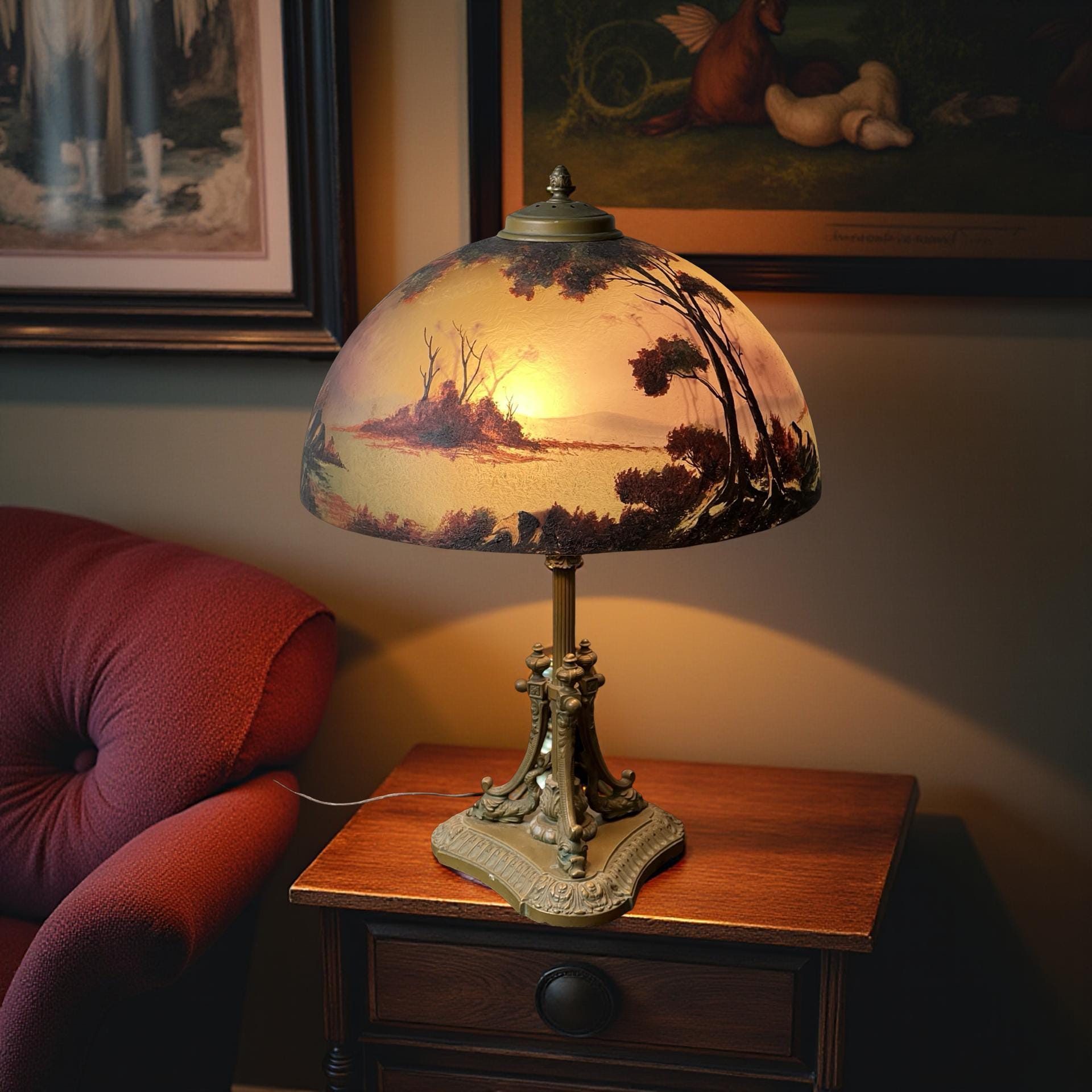 Antique Phoenix School Arts and Crafts Reverse Painted Lamp by