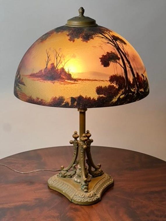Antique Phoenix School Arts and Crafts Reverse Painted Lamp by