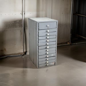 May include: A gray metal cabinet with 12 drawers, each with a white knob. The cabinet is standing on a gray concrete floor.