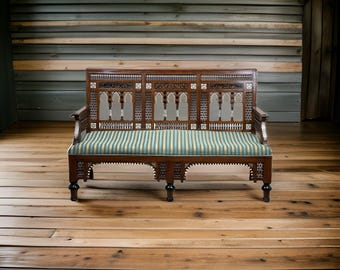 Antique Early 20th Century Moorish Settee with Bone and Mother of Pearl Inlay