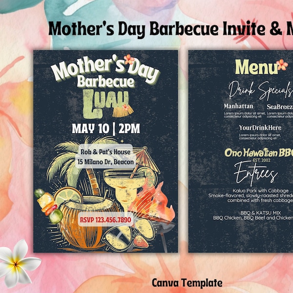 Mothers Day Barbecue Brunch Invitation Flyer with Menu, Luau, Hawaii, Tiki Bar,Pool Party, Cocktail Menu, Canva Template Instant Download