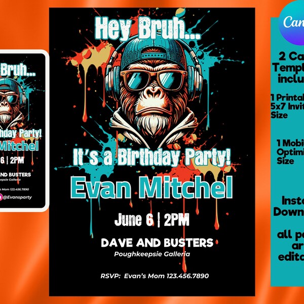 Gorilla Tag VR Bruh 10th Birthday Party Invitation Canva Template Trending Now Digital Printable 2 sizes included, Mobile and  5x7