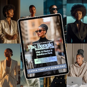 Op de afbeelding: Een digitale productmockup met een tablet waarop een promotionele afbeelding voor "The Bougie Boardroom Edit" wordt weergegeven. De afbeelding adverteert AI-foto's en referenties. De tablet is omgeven door afbeeldingen van vrouwen in zakelijke kleding.