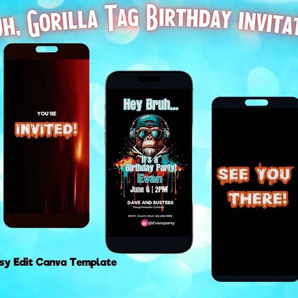Gorilla Tag 10th Birthday Party Video Invitation Digital Canva Template Trending Now Digital! Mobile Phone Invite
