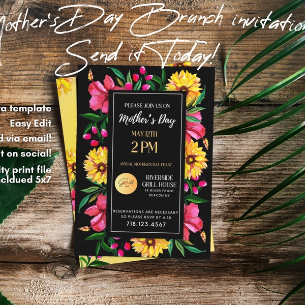 Mothers Day Brunch Flyer Event Announcement Dinner Invitation with Menu Layout Community Restaurant Lunch Party Digital Canva Template