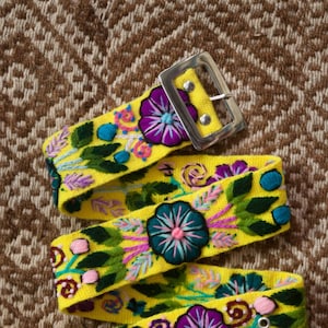 Yellow Floral Embroidered Belt | Peruvian Floral Ethnic Belt | Andean Embroidered Handwoven Floral Belt | Hand-Made Colourful Belt