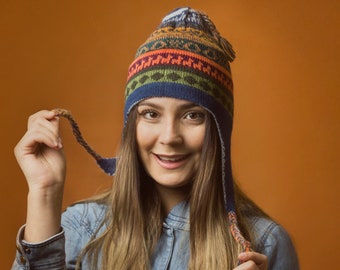 Gorro Chullo reversible de lana de alpaca / Gorro peruano tejido a mano