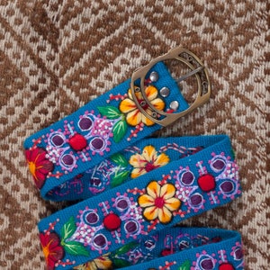 Turquoise Floral Embroidered Belt | Peruvian Floral Ethnic Belt | Andean Embroidered Handwoven Floral Belt | Hand-Made Colourful Belt