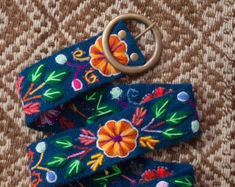 Blue Floral Embroidered Wool Belt | Andean Ethnic Style
