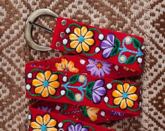 Red Floral Embroidered Belt | Peruvian Floral Ethnic Belt | Andean Embroidered Handwoven Floral Belt | Hand-Made Colourful Belt