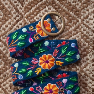 Blue Floral Embroidered Belt | Peruvian Floral Ethnic Belt | Andean Embroidered Handwoven Floral Belt | Hand-Made Colourful Belt