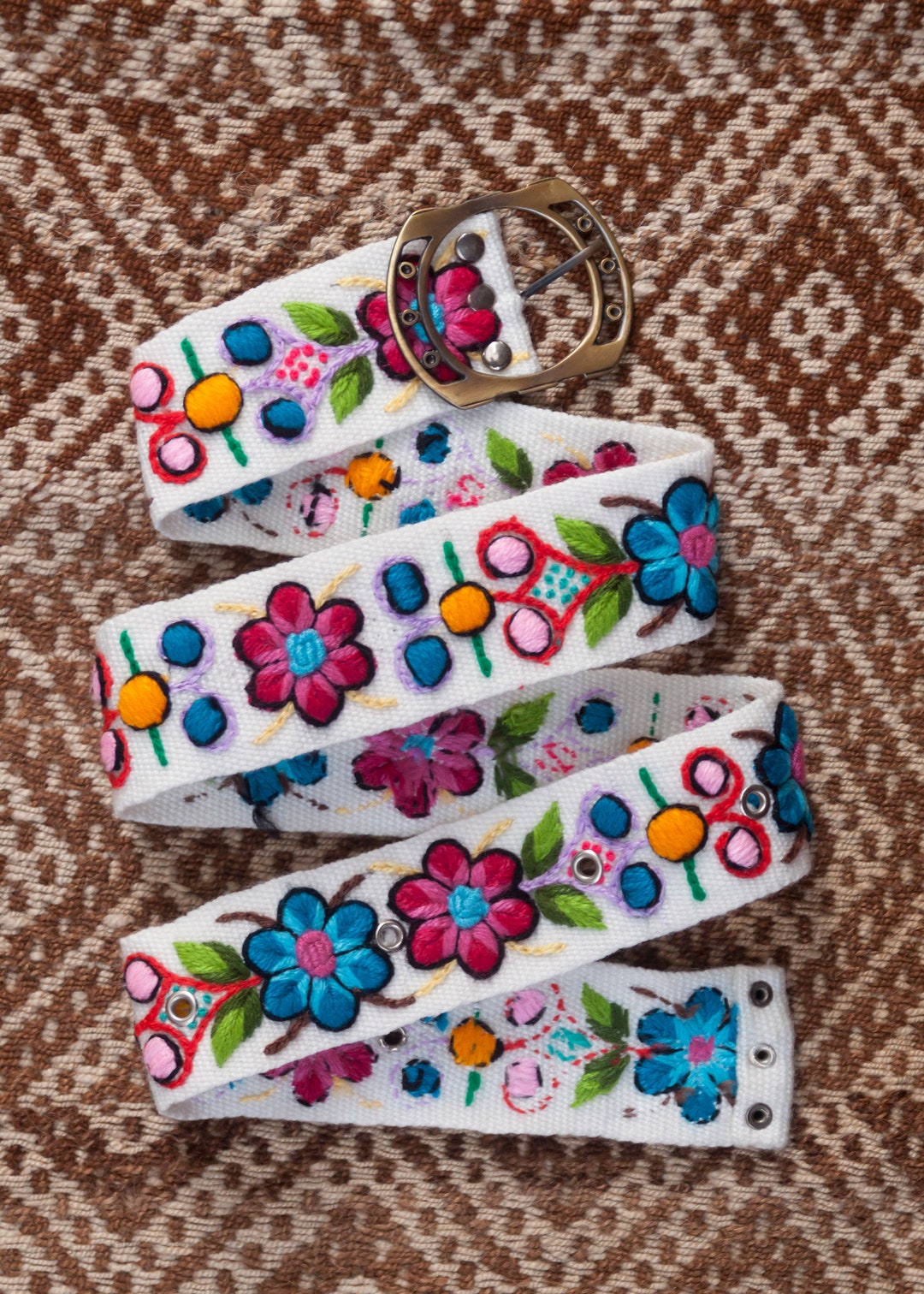 Vintage 1970s Floral Belt Handmade Hand Embroidered Peruvian WOOL Hip Belt Hand-embroidered Floral Belt: Peruvian Wool Boho Belt  main image 4