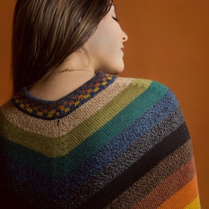 Pu&ograve; includere: Un poncho a righe multicolore con scollo a V. Il poncho presenta una tavolozza di colori arcobaleno, tra cui arancione, giallo, marrone, verde, blu e nero. Il colletto ha un motivo geometrico nei toni dell'arancione, blu e giallo.