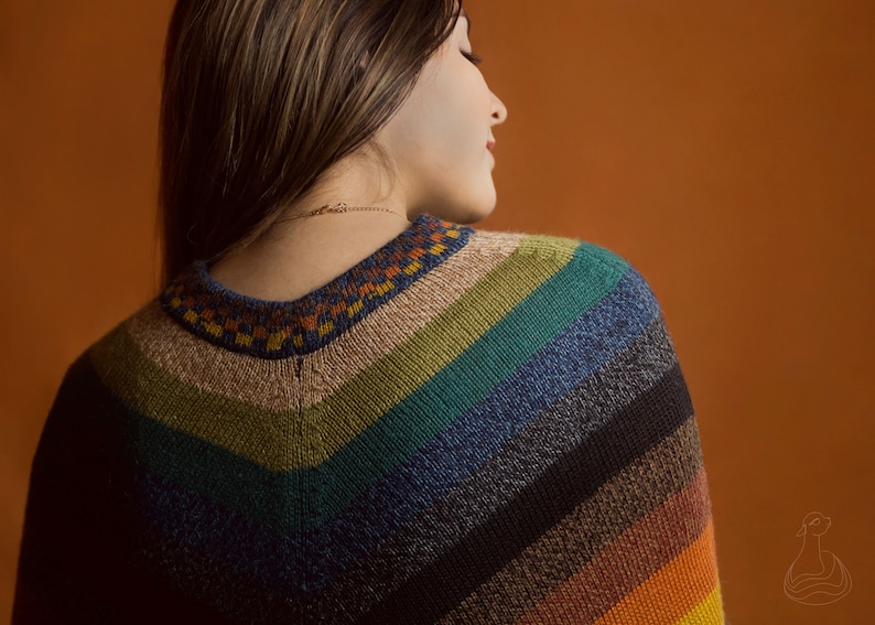 Pu&ograve; includere: Un poncho a righe multicolore con scollo a V. Il poncho presenta una tavolozza di colori arcobaleno, tra cui arancione, giallo, marrone, verde, blu e nero. Il colletto ha un motivo geometrico nei toni dell'arancione, blu e giallo.