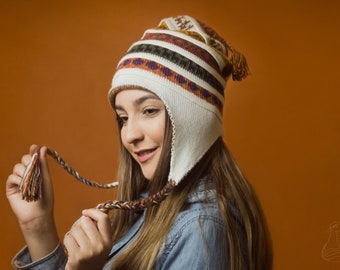Gorro Chullo de alpaca hecho a mano / Gorro peruano reversible con orejeras