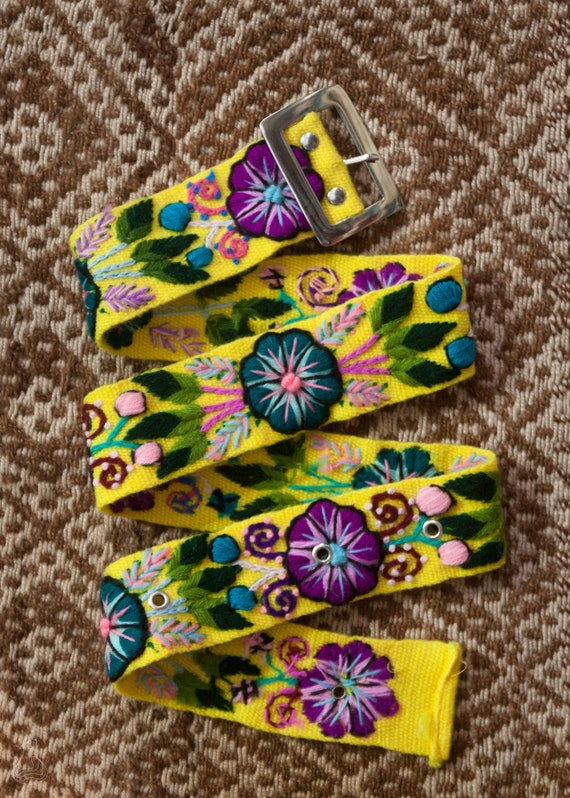 Yellow Wool Floral Embroidered Belt | Peruvian Handwoven 