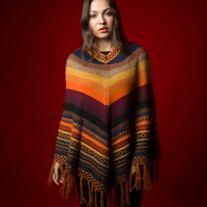 Poncho en alpaga fait main | Châle en laine péruvienne, motif coloré