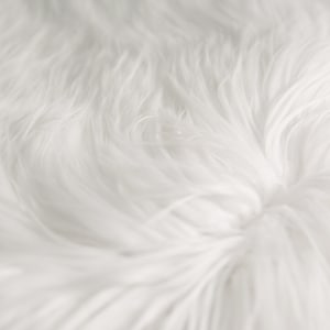 May include: Close-up of a white faux fur fabric. The fur is soft and fluffy, with a subtle swirl pattern.