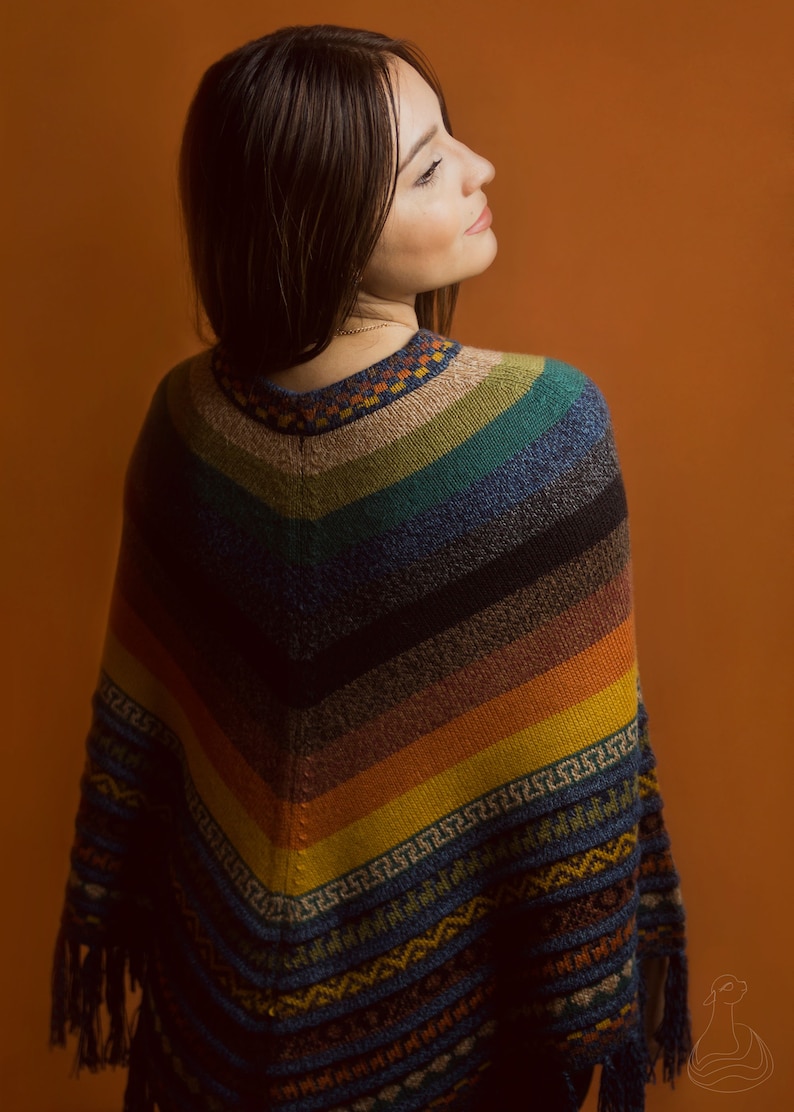 Pu&ograve; includere: Un poncho a righe multicolore con frange. Il poncho, con scollo a V, presenta sfumature di blu, verde, arancione e giallo. Ha un bordo fantasia ed &egrave; indossato da una persona, su uno sfondo arancione.