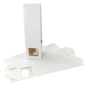 May include: A tall, rectangular white cardboard box standing upright with a square transparent window near the base. Beside it lies a flat, unfolded white cardboard box template featuring a matching square cutout window for assembly.