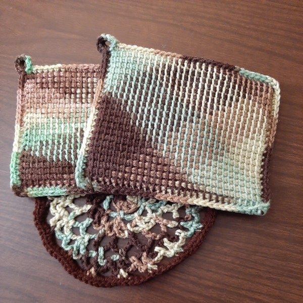 Brown, green, tan and white multi color hot pad set (2) with matching trivet, crocheted using Tunisian stitch