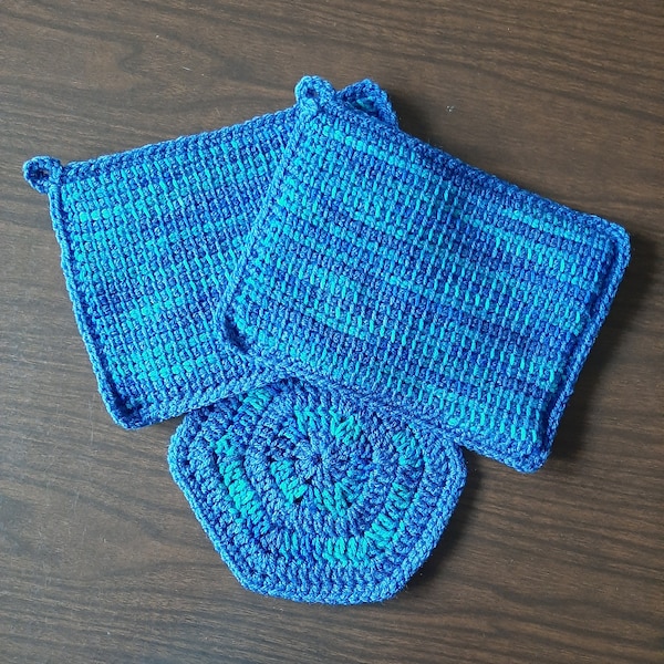Shades of blue hot pad set (2) with matching trivet, crocheted using Tunisian stitch