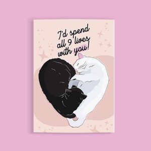 Gatti di San Valentino, per lui, per lei, amanti dei gatti, ying yang, San Valentino, Anniversario, coppie, “Passerei tutte e 9 le vite con te!” carta