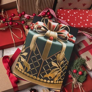 Luxuriöser grün und goldener Art-Deco-Stil Weihnachtskuchen Digitaler Download Festliche Dekor, um Ihre Weihnachtskarten zu dekorieren, machen Sie ein Geschenk für Freunde