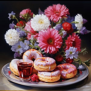 Blütenblätter & Gebäck: Elegantes Ölgemälde von Donuts mit Blüten