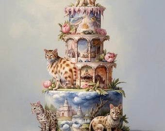 May include: A multi-tiered cake decorated with intricate details, including flowers, birds, and architectural elements. The cake is adorned with four adorable cats, each with unique markings and poses. The cake is a stunning example of artistic cake decorating.