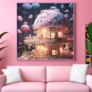 May include: A framed illustration of a whimsical house with a pink and blue frosting-like roof, surrounded by colorful mushrooms. The house has windows and a porch, and the scene is set against a dark blue background with white stars.