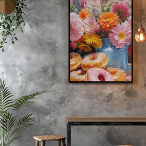 Florale Freuden: Fesselndes Öl Kunstwerk mit Donuts und Blüten