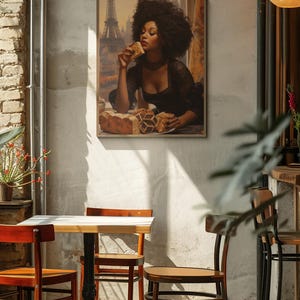 Digital download of a beautiful black woman eating cake in 1920s Paris kitchen print wall art for your kitchen and home gifts friends family