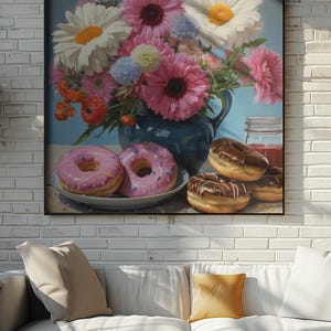 Florale Harmonie: Ölgemälde mit Donuts und Blumen