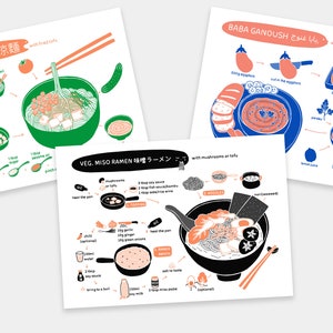 Set di cartoline per ricette vegetariane, Ramen di miso, Baba Ganoush, Noodles freddi, Involtino estivo, Kombucha, Gnocchi, Tofu, Sichuan, Matcha Mochi, Riso