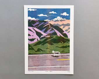 Tibetaanse regio – Risograph reisposter | Landschapsillustratie | Bergreiskunst | Azië reisposter