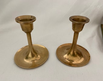 1980s Vintage Brass Tulip Candlesticks Made in Korea Botanical Boho Decor Candle Holders Art Nouveau Revival