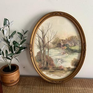 Vintage Gold Ornate Oval Swans Cottage Homco Picture
