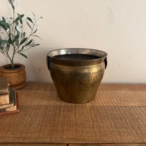 Könnte beinhalten: Ein gehammerter Messing-Pflanztopf mit silbernem Rand und zwei kleinen Griffen. Der Pflanztopf steht auf einer Holzoberfläche. Links vom Pflanztopf befindet sich ein kleiner Olivenbaum in einem Holztopf.
