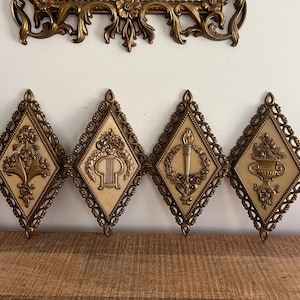 Vintage Gold Ornate Ribbons/Roses Dimond Shape Homco wall decor set of 4