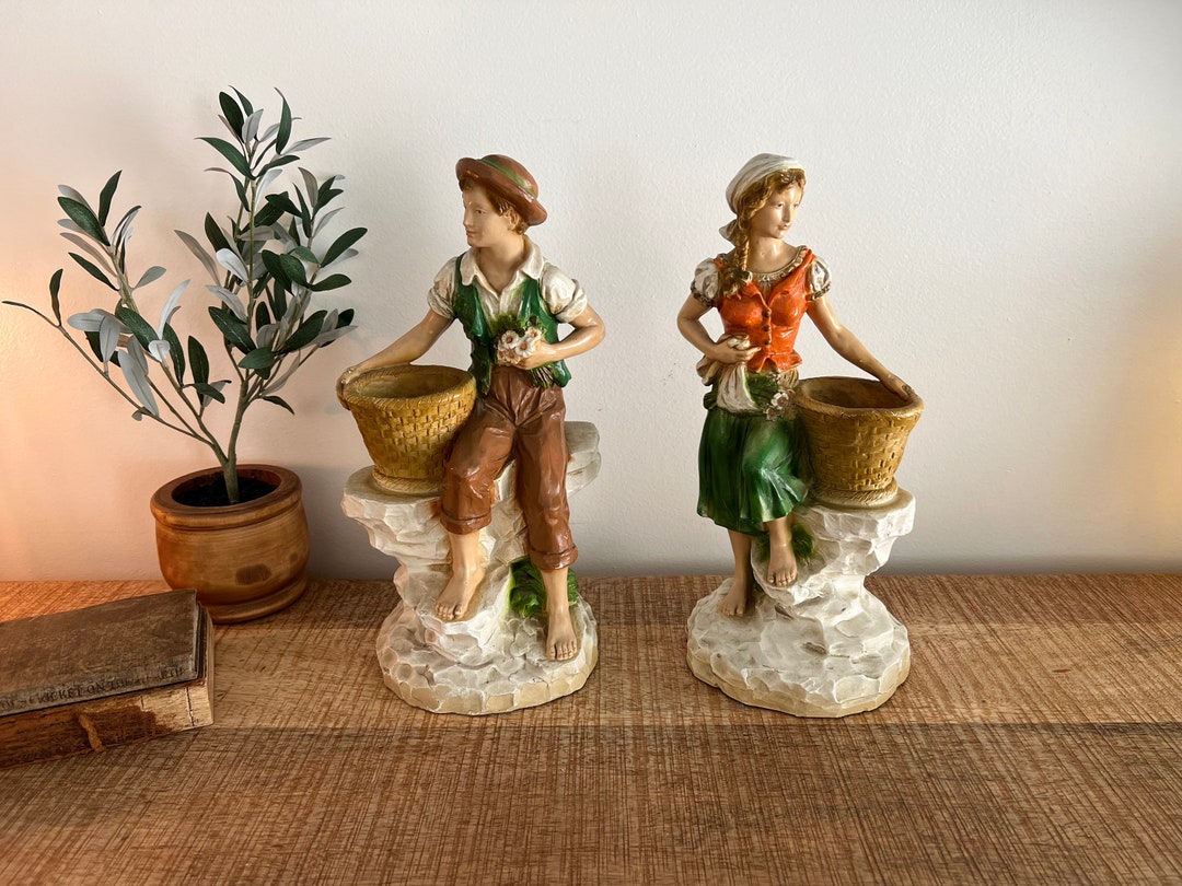 1975 Universal Statuary Corp. Man and Woman Holding Baskets Set of 2 Etsy