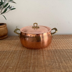 Vintage Copper Sauce Pot with lid and brass handles