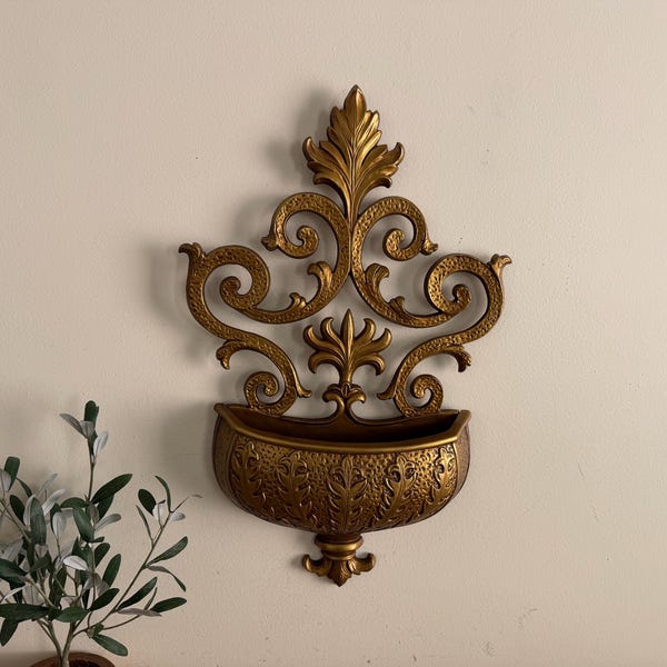 Vintage Gold Ornate Metal Sexton 1970 Wall Planter