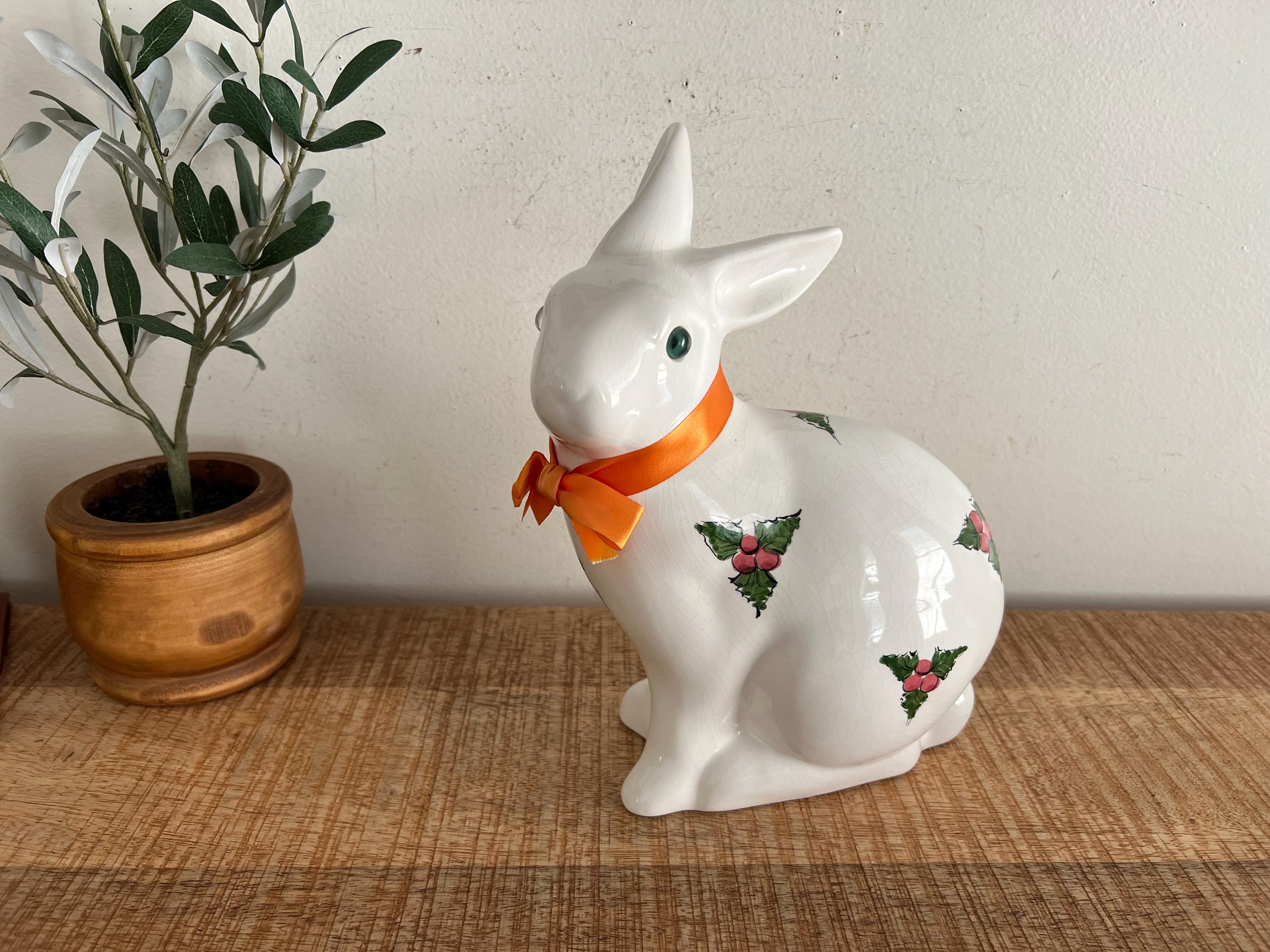 Vintage Bunny With Hollies Porcelain Alcobaca Rabbit Made in