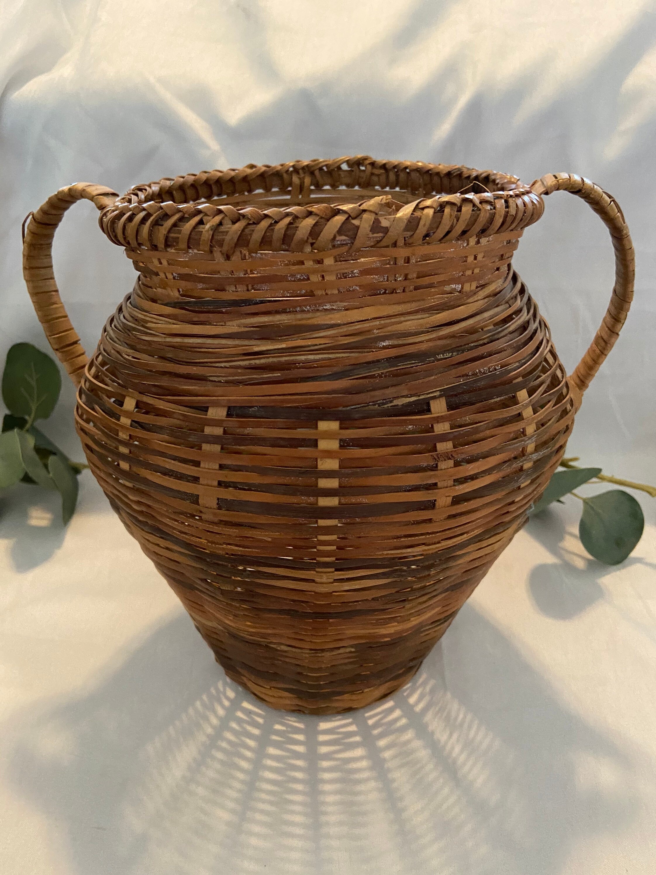 Vintage Boho Wicker Rattan Vase/planter With Handles Etsy