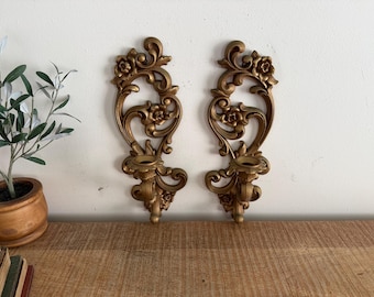 Apliques de pared Homco con rosas ornamentadas en oro vintage (juego de 2)