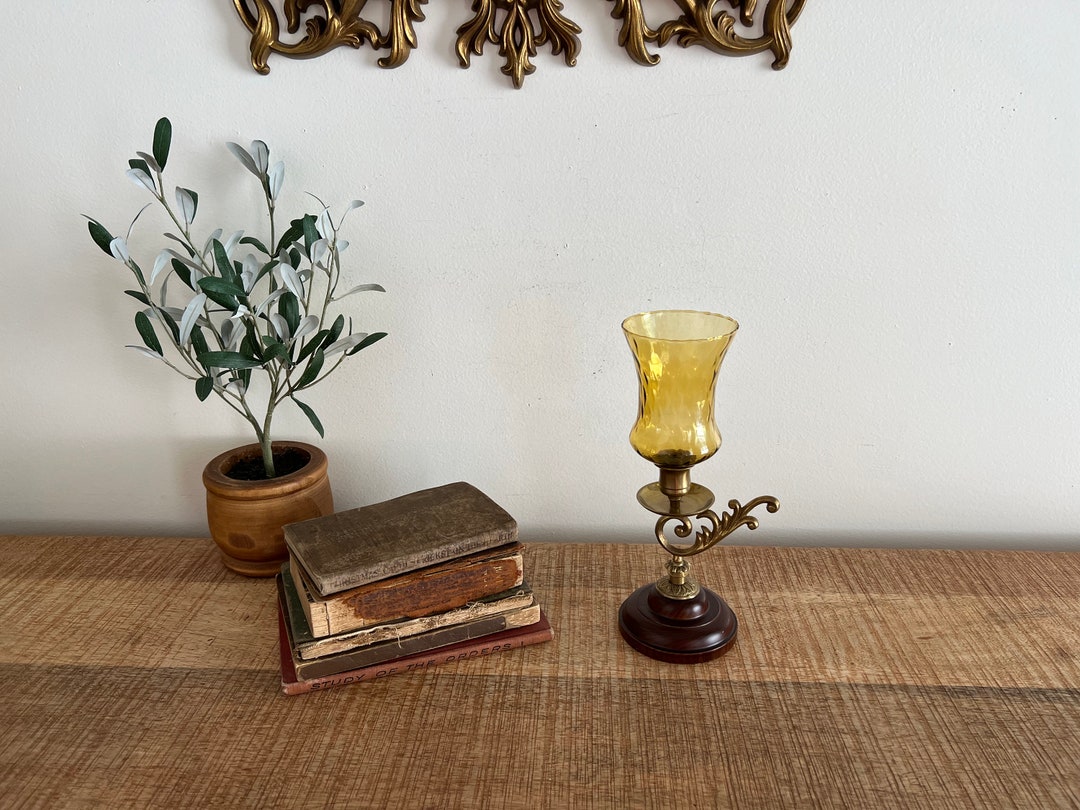 Vintage Brass Candlestick With Handle With Wood Base and Etsy
