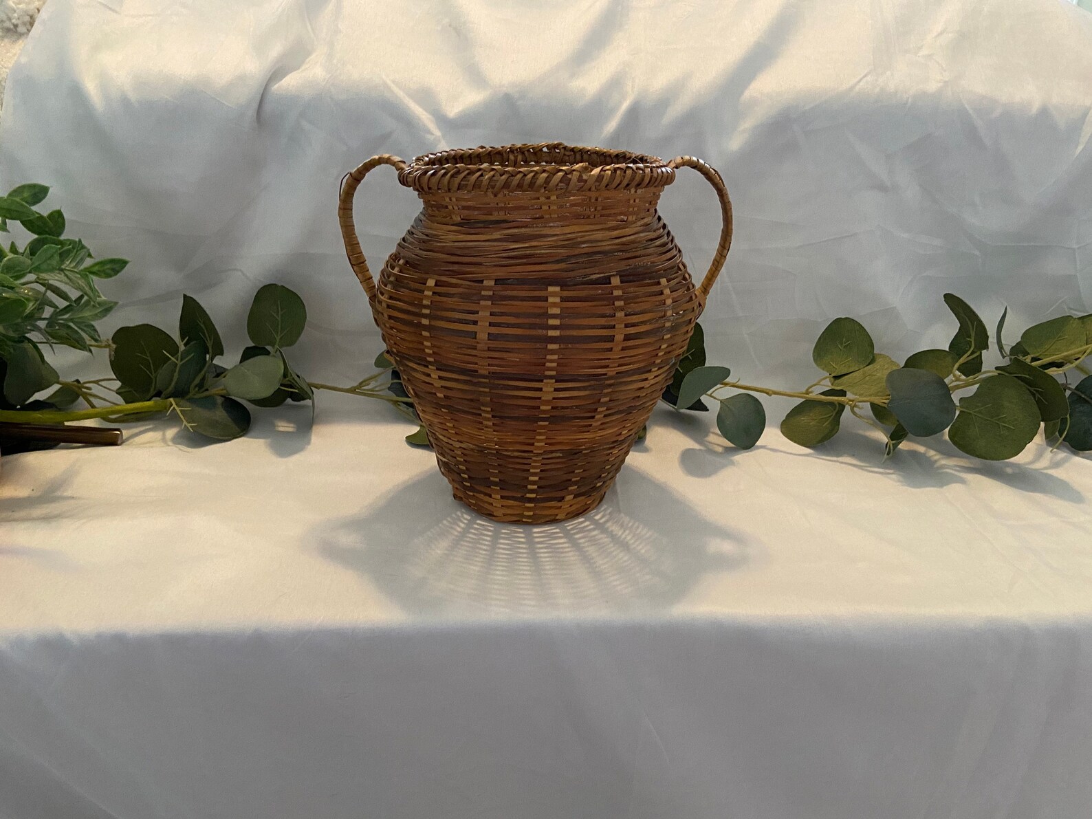 Vintage Boho Wicker Rattan Vase/planter With Handles Etsy